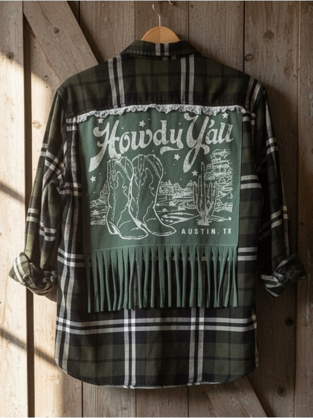 Western Horse Theme Upcycled Graphic Shirt Fringe Texas Lace Howdy Y’all